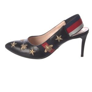 Gucci Black Pointed Slingback Pump with Gold Bee & Star Embroidery